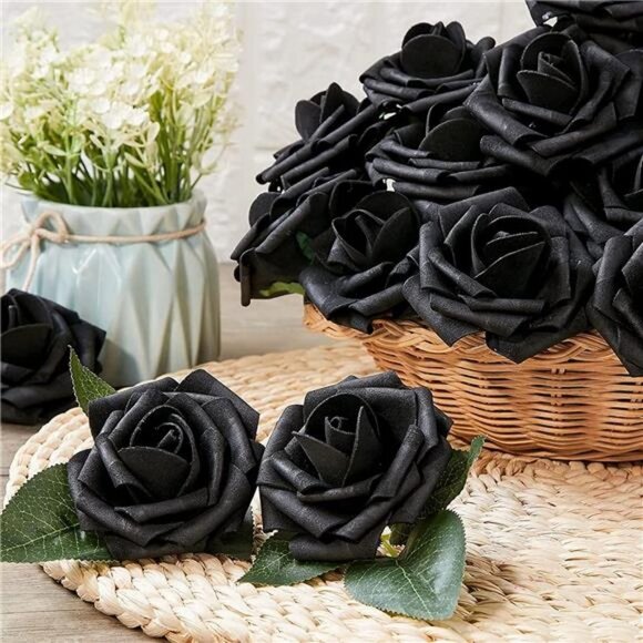 25pcs Artificial Flower Foam Rose, Handmade Big Fake Flower Head (Black) - Picture 6 of 7